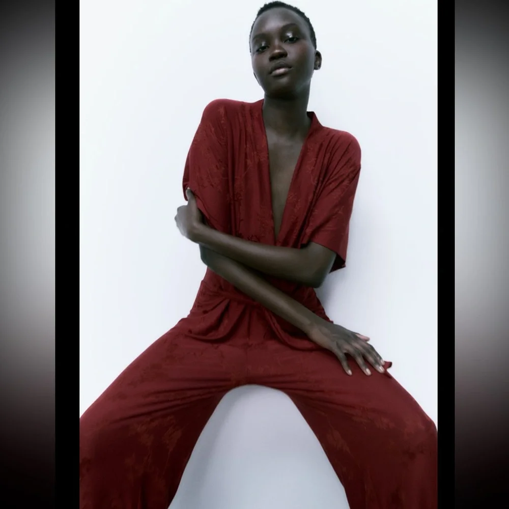 Zara Burgundy Jacquard Jumpsuit - Picture 3 of 8